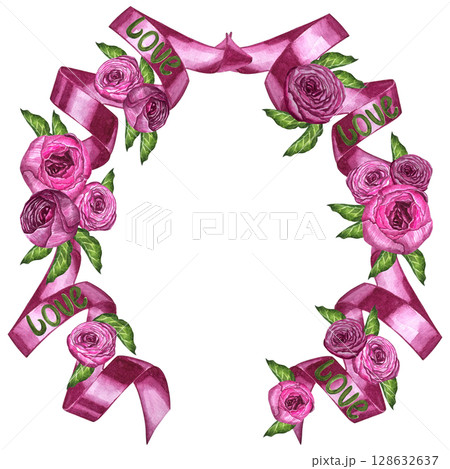 Watercolor valentine flowers wreath love. Watercolor decorative heart with vintage peonies for wedding invitation design. Watercolor valentine flowers wreath love. Watercolor decorative heart with vintage peonies for wedding invitation design. 128632637