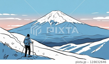 山を眺める登山者 128632646