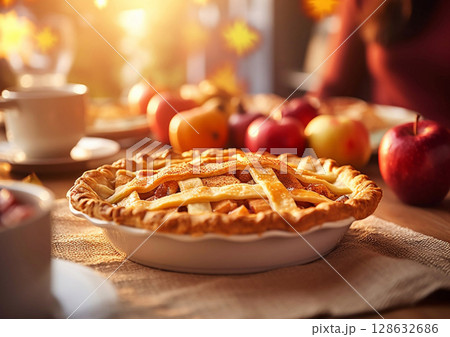 Thanksgiving family dinner with homemade traditional apple pie on table.Macro.AI Generative 128632686