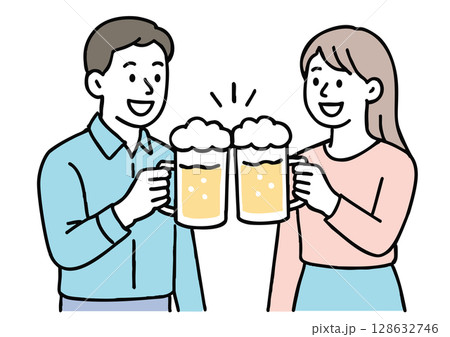 カジュアルな服装で乾杯する男女のイラスト カジュアルな服装で乾杯する男女のイラスト 128632746