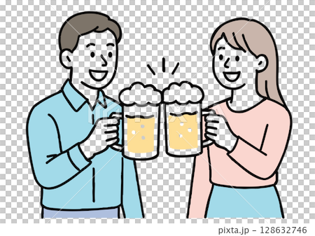カジュアルな服装で乾杯する男女のイラスト カジュアルな服装で乾杯する男女のイラスト 128632746