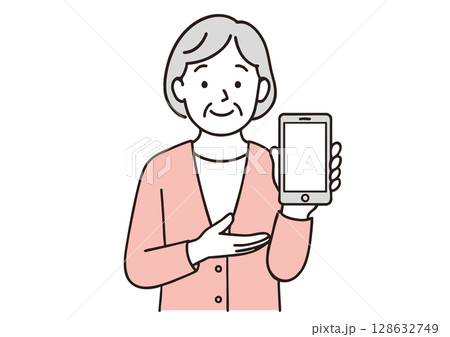 スマートフォンを紹介するシニア女性のイラスト 128632749