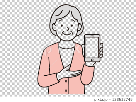 Illustration of a senior woman introducing a smartphone 128632749