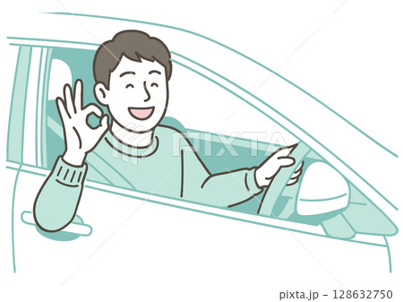 運転中にOKサインを出す笑顔の男性ドライバー 128632750