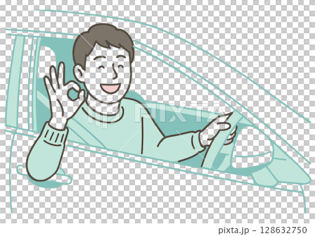Smiling male driver giving an OK sign while driving 128632750