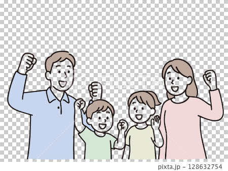Illustration of a cheerful family of four doing a fist pump 128632754