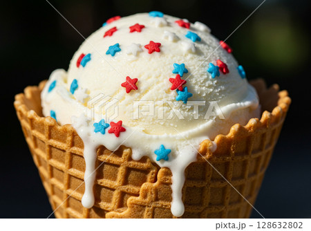 Vanilla Ice Cream Cone with Sprinkles Vanilla Ice Cream Cone with Sprinkles 128632802