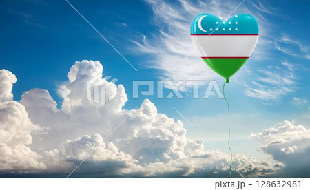 ウズベキスタンの国旗のハート型の風船と青空 128632981