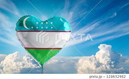 ウズベキスタンの国旗のハート型の風船と青空 128632982