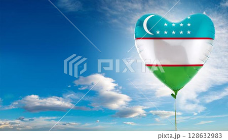 ウズベキスタンの国旗のハート型の風船と青空 128632983
