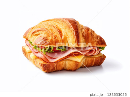 Ham and cheese sandwich with croissant bun on white background.Macro.AI Generative 128633026
