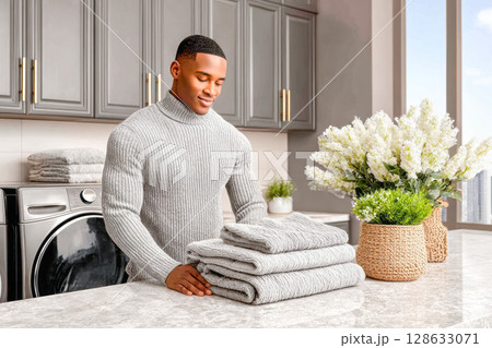 African American man folding towels in modern laundry room with fresh flowers and bright window African American man folding towels in modern laundry room with fresh flowers and bright window 128633071