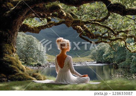 Serene woman meditating by tranquil lake under lush green trees with soft sunlight filtering through 128633087