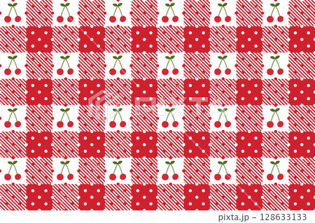 Red and white check cute cherry vector seamless pattern, tartan plaid design with fruit and dots for napkins and picnic tablecloths Red and white check cute cherry vector seamless pattern, tartan plaid design with fruit and dots for napkins and picnic tablecloths 128633133