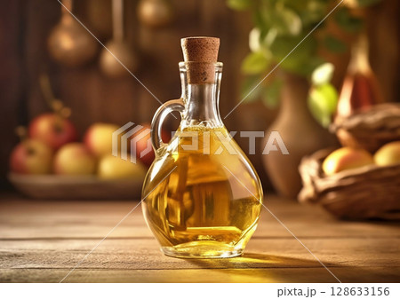 Glass bottle of organic apple vinegar on wooden table with ripe apples.Macro.AI Generative 128633156