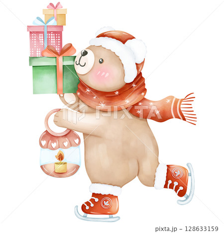 Hand-painted watercolor Christmas themed little bear cartoon Hand-painted watercolor Christmas themed little bear cartoon 128633159