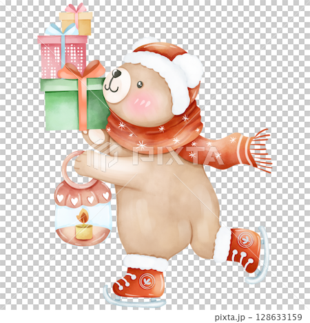 Hand-painted watercolor Christmas themed little bear cartoon Hand-painted watercolor Christmas themed little bear cartoon 128633159