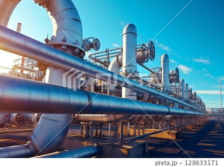 Pipelines on new factory ready to receive and transport oil and gas on large factory.AI Generative 128633171
