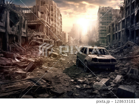 Destroyed city during war,bombing buildings as worldwide disaster.Macro.AI Generative 128633181