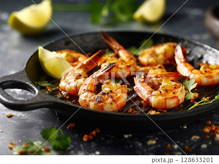 Pan with grilled seafood prawn shrimps with lemon and herbs on table.Macro.AI Generative Pan with grilled seafood prawn shrimps with lemon and herbs on table.Macro.AI Generative 128633201