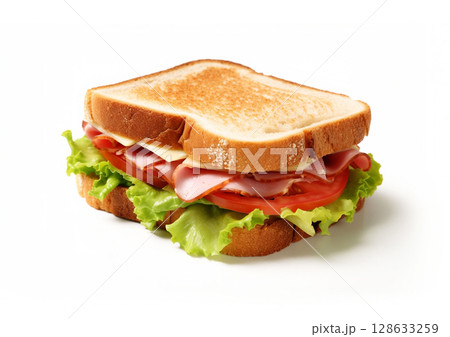 Toasted bread with lettuce,tomato,ham and cheese sandwich on white background.Macro.AI Generative Toasted bread with lettuce,tomato,ham and cheese sandwich on white background.Macro.AI Generative 128633259