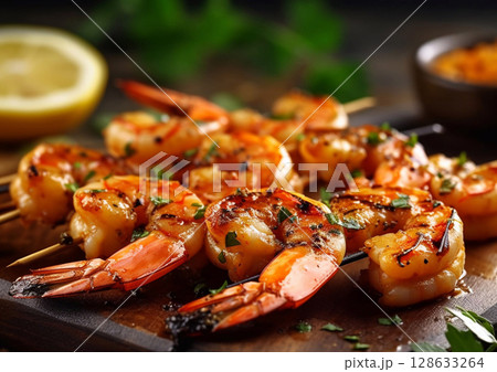 Shrimps prawns grilled on sticks with herbs and lime on table.Macro.AI Generative 128633264
