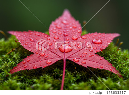 Red Maple Leaf with Dew Drops on Moss 128633317