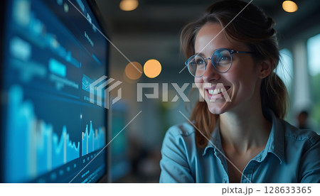 Woman analyzing financial data on a computer 128633365
