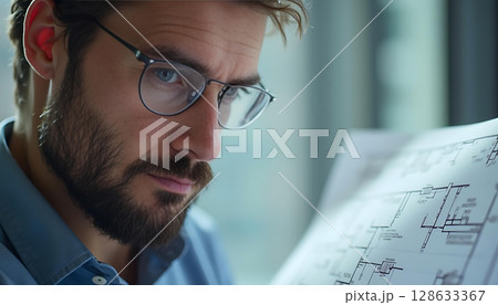 Architect Reviewing Blueprints CloseUp 128633367
