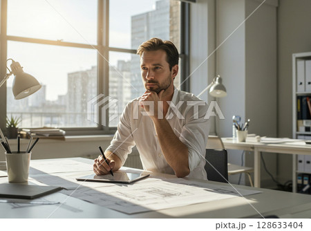 Focused businessman working on a project in his office Focused businessman working on a project in his office 128633404