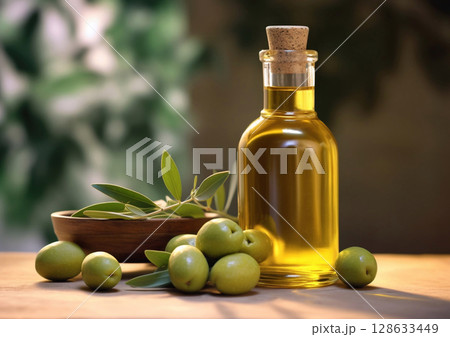 Glass bottle with organic olive oil with green ripe olives on dark background.Macro.AI Generative Glass bottle with organic olive oil with green ripe olives on dark background.Macro.AI Generative 128633449