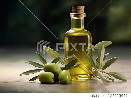 Virgin olive oil in glass bottle with green ripe olives on dark background.Macro.AI Generative 128633451