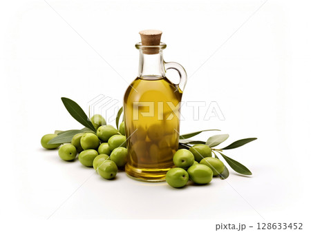 Virgin olive oil in glass bottle with green ripe olives on white background.Macro.AI Generative 128633452