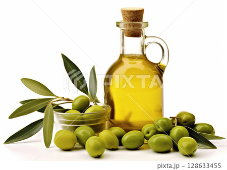 Bottle of virgin olive oil with ripe green olives and leaf on white background.Macro.AI Generative 128633455