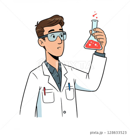 Scientist examining liquid in flask 128633523