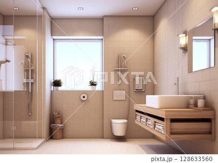Shower and sink in light beige colors with modern design.Macro.AI Generative Shower and sink in light beige colors with modern design.Macro.AI Generative 128633560