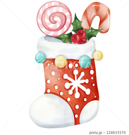 Hand painted watercolor Christmas themed socks And gifts  128633570