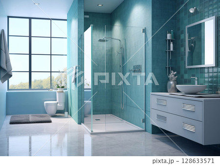 Modern design bathroom with shower and large window in marine colors.Macro.AI Generative 128633571