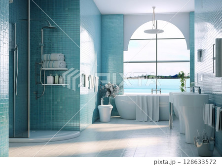 Modern bathroom with shower and bathtub and window in marine colors.Macro.AI Generative 128633572