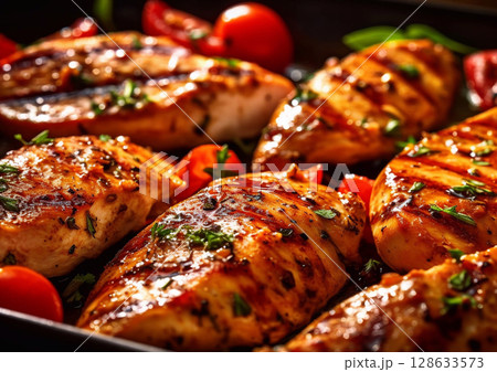 Chicken breast grilled fillet with rosemary and vegetables on wooden board.Macro.AI Generative 128633573