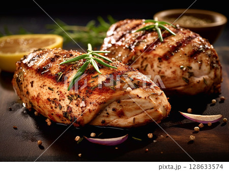 Chicken breast grilled fillet with rosemary and vegetables on wooden board.Macro.AI Generative 128633574