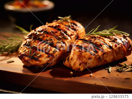 Chicken breast grilled fillet with herbs and spices on wooden board.Macro.AI Generative 128633575