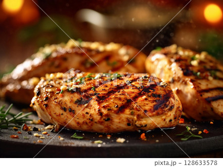 Grilled chicken breast fillet with spices and herbs.Macro.AI Generative 128633578