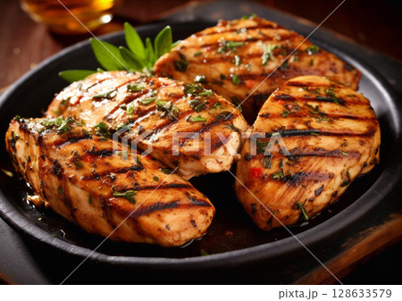 Pan with grilled chicken breast fillet with spices and herbs.Macro.AI Generative 128633579