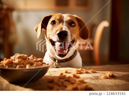 Cute dog sitting next to steel bowl with food.Macro.AI Generative 128633581