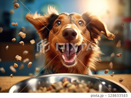 Cute happy dog eating food steel from bowl.Macro.AI Generative 128633583