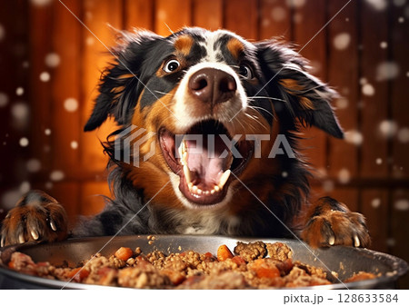Cute happy dog eating food steel from bowl.Macro.AI Generative 128633584