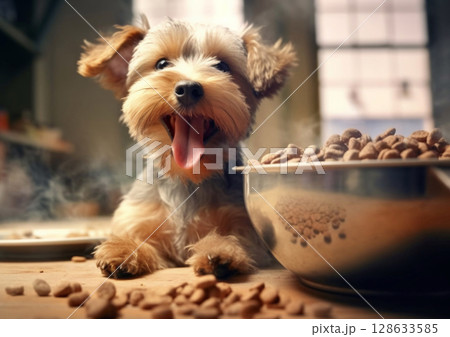 Cute happy dog eating food steel from bowl.Macro.AI Generative 128633585