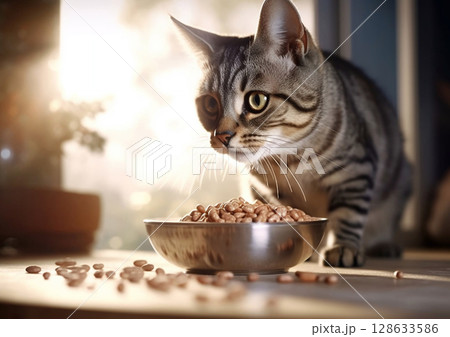 Cat sitting next to steel bowl with food.Macro.AI Generative 128633586