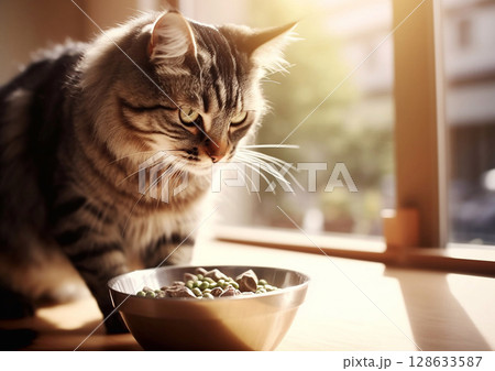 Cat sitting next to steel bowl with food.Macro.AI Generative 128633587